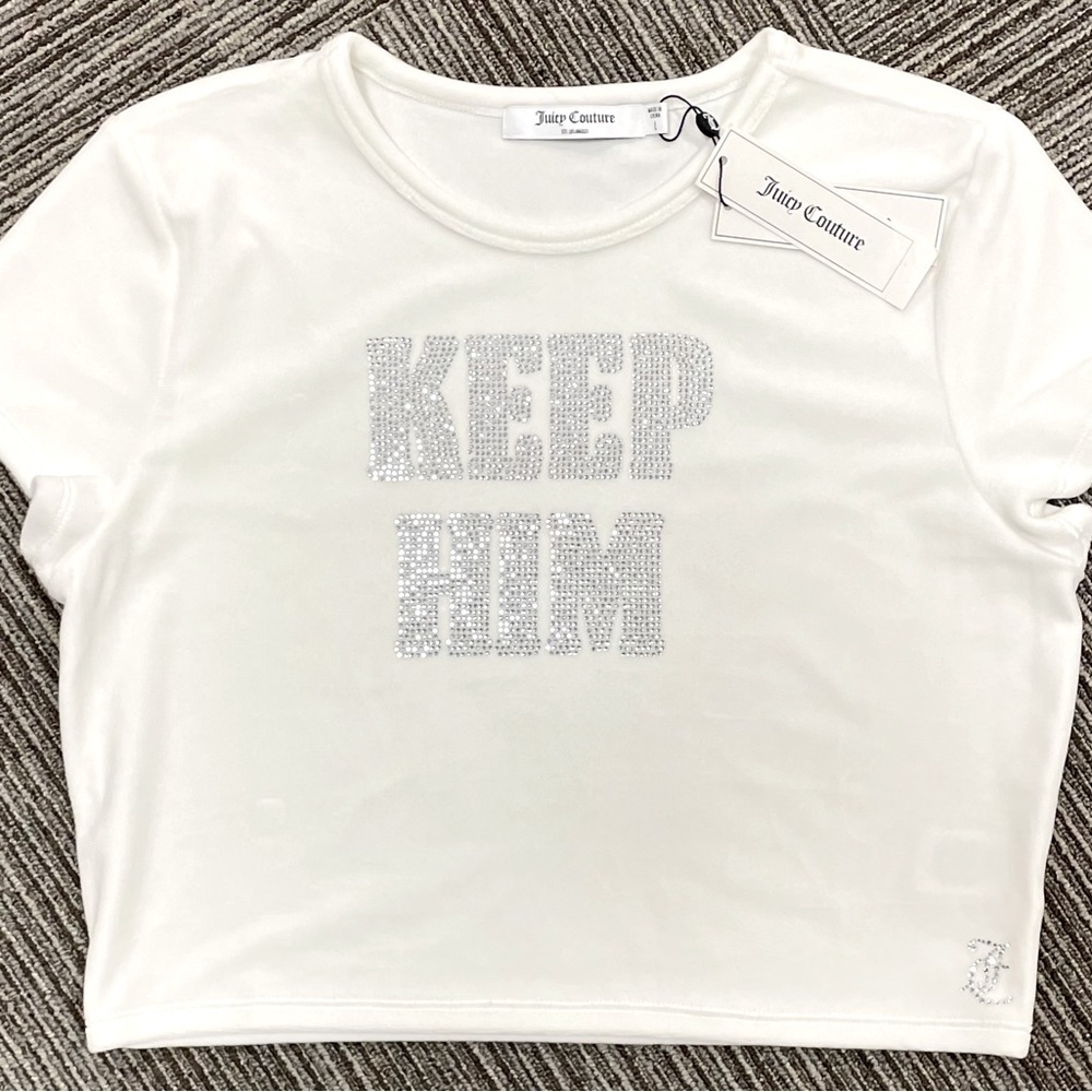 Juicy Couture velour cropped “Keep Him” baby tee. Size Large. Color cream Soda.